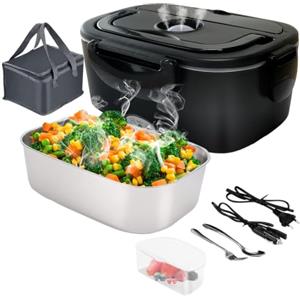 Gentre Lunch Box Elettrico Portatile Scaldavivande per Auto Camion e Ufficio 4 in 1 12V/24V/220V~240V 1.5L 60W Porta Pranzo in Acciaio Inox, Scomparti, Forchetta Cucchiaio e Borsa Per il Trasporto