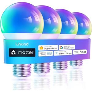 Linkind Matter Smart RGBTW Lampadine,Lampada E27 Compatibile con Siri,Alexa, Google Home, SmartThings, 9W(Equivalenti a 60 W), Dimmerabile 1800K-6500K Lampadine Multicolore A60, Pacco da 4