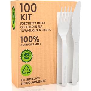 Baciato Caffè Set Ecologico Posate in Bioplastica Super Resistente [100 pezzi] - Compostabili e Biodegradabili - Forchetta Coltello e Tovagliolo - Ideali per Eventi e Feste