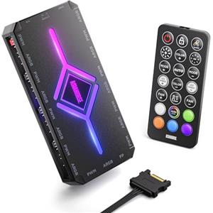 AsiaHorse ASH ARGB PWM - Ventola per PC con controller [20 effetti ARGB] [modalità unica di apprendimento dei colori] 9 X 4 pin PWM e 9 X 5 V 3 pin RGB connessioni SATA alimentazione RGB