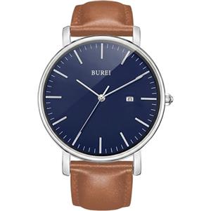 BUREI Uomo Orologio da Polso al Quarzo Classico con Cassa Ultra Sottile Design Minimalista Quadrante Analogico Data Finestra (Marrone Blu, Pelle)