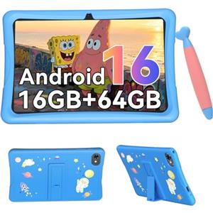VekfulPC Tablet Bambini 10 Pollici, Android 16 Tablet per Bambini 3-12 Anni, 16GB RAM(4+12) + 64GB ROM, Controllo Genitori, GMS, 5000mAh, WiFi6, WidevineL1, con Custodia Anti-caduta e Penna, Garanzia di 4 anni