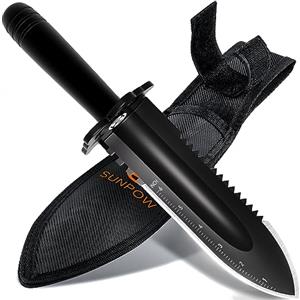 SUNPOW Vanga da Giardino Robusta con Fodero - Paletta a Doppio Bordo Seghettato, Attrezzo da Scavo per Giardinaggio e Campeggio, con Scala Metrica