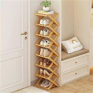XZXWZX Scarpiera pieghevole, in bambù, verticale, per piccoli spazi, multifunzione, per ingresso, armadio, angolo, camera da letto, corridoio, colore legno, 8 strati