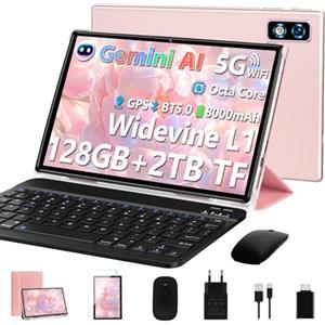 DEERTiME 2026 Gemini Ai Tablet 10 Pollici Android,Tablets 22GB RAM+128GB ROM(TF 2TB), Octa Core 2.0Ghz /5G+2.4G WiFi/GMS/8000mAh/BT 5.0/Widevine L1/8MP+5MP/GPS/Tablet 3 in 1 con Tastiera e Mouse - Oro Rosa