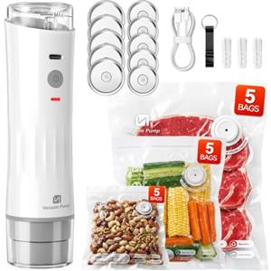 TURNRISE 3 in 1 pratica macchina sottovuoto compatta con serbatoio d'acqua, saldatrice per alimenti con 15 sacchetti riutilizzabili, 10 coperchi per barattoli Mason, ricarica USB, freschezza garantita