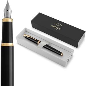 Parker IM Penna Stilografica | Punta Sottile e Ricarica di Inchiostro Blu | Confezione Regalo | Black Lacquer Golden Trim