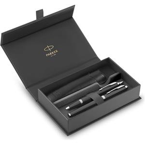 Parker IM Duo Pen Set Regalo | Penna stilograficapenna a sfera e astuccio per penna | Finitura laccata nera con finiture cromate | Punta media e inchiostro blu | Regali di laurea perfetti