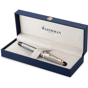 Waterman Expert penna stilografica | in acciaio inossidabile con finiture in oro 23 carati | pennino medio con cartuccia di inchiostro blu | confezione regalo