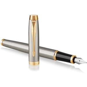 Parker IM Penna Stilografica | Punta Media e Ricarica di Inchiostro Blu | Confezione Regalo | Brushed Metal Golden Trim