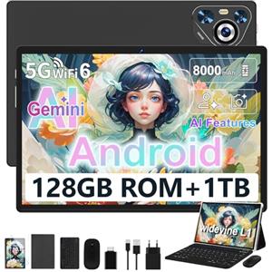 Dghrti Tablet 10 Pollici, 128GB ROM/TF 2TB, 8000mAh, con Tastiera - Nero