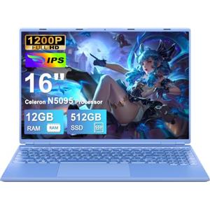 NOTODD PC Portatile Laptop 16 Pollici Portatile Celeron N5095 (fino a 2.9Ghz), Win 11 Notebook 12+512GB 1TB SSD Espansione丨Ventola di Raffreddamento丨Supporto 5G WIFI丨1920 * 1200 2K Schermo Doppio- Blu