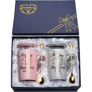 YIKILYLIFE 1 Anno di Fidanzamento, 1 Anni Matrimonio Regali 2PCS Tazza in Marmo Ceramica 400ml, Idee Regalo per Lui Fidanzato per Coppie, Coppie Sposate, Regalo Fidanzato Anniversario con Biglietto, Confezione