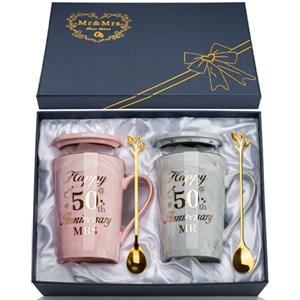 YIKILYLIFE Regali per Nozze D'oro, 50 Anniversario Matrimonio Tazza in Ceramica di Marmo 400ml, Bomboniere 50 Anniversario Matrimonio, Regalo 50-Anni Matrimonio Tazze da Caffè con Biglietto, Confezione Regalo