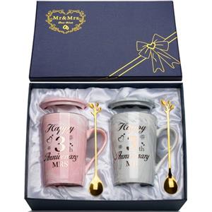 YIKILYLIFE Regali per 3 Anniversario di Matrimonio, 3 Anni Matrimonio Regali 2PCS Tazza in Marmo Ceramica 400ml, Idee Regalo per Lui Fidanzato per Coppie, Regalo Fidanzato Anniversario con Biglietto, Confezione