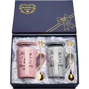 YIKILYLIFE Regali per 5 Anniversario di Matrimonio, 5 Anni Matrimonio Regali 2PCS Tazza in Marmo Ceramica 400ml, Idee Regalo per Lui Fidanzato per Coppie, Regalo Fidanzato Anniversario con Biglietto, Confezione
