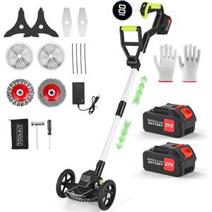 Thalyrnn Tagliaerba a batteria da 850 W, tagliaerba elettrico 5 in 1 con display LCD e ruote, set di tagliaerba telescopico con 2 batterie da 4,0 Ah e 5 lame per prato, erbacce e bordi