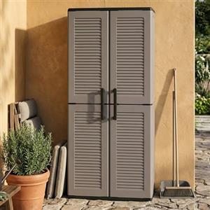 Dmora - Armadio da esterno Geel, Mobile porta scope multiuso, Armadietto outdoor 2 ante, 100% Made in Italy, Finitura righe, 68x37h163 cm, Grigio e Nero