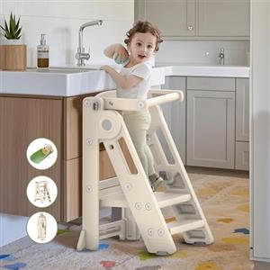 hoopyosms Torre di Apprendimento Pieghevole per Bambini, Sgabello Montessori Regolabile in Altezza, Scala Montessoriana Versatile per Bambini (Classica, Beige)