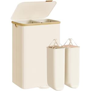 SONGMICS Cesto Portabiancheria con Coperchio, Cesta Porta Biancheria Sporca, Sacchi Interni Rimovibili, Telaio in Bambù, Lavanderia Camera da Letto, 2 Scomparti, 150 L, Bianco Crema LCB532WD01