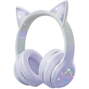 Caijin Cuffie Bluetooth Bambini, Orecchie di Gatto LED, Bluetooth 5.3 Stereo, Fascia Regolabile, Limite Volume 85dB, Pieghevoli, Modalità TF/Kabellato/Bluetooth, Compatibili con PC, Telefono, iPad