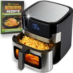 Nutrilovers NUTRI-FRYER - Friggitrice ad aria calda in acciaio inox, XXL, 8 l, 2000 W, con display touch a LED, tecnologia Double Heating, finestra di visualizzazione, patatine a basso contenuto di