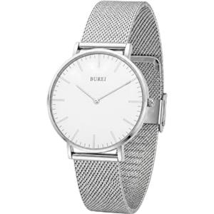 BUREI Orologio ultra sottile Demen minimalista orologio da polso Demen analogico giapponese al quarzo con cinturino in maglia in acciaio inox, regalo per le donne, bianco e oro (Argento)