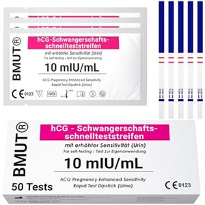 BMUT 50 test di gravidanza - 10 mIU/ml - test precoce altamente sensibile - Rilevamento precoce - Confezione da 50 strisce reattive - Risultati precisi e facili da usare come test ultra precoce (auto-test)