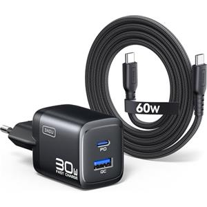 INIU Caricatore USB C, 30W GaN Caricatore Rapido e Multiplo con Cavo 60W