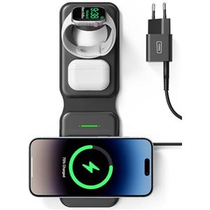 INIU Caricatore Wireless iPhone, Magnetic 3 in 1 Base Ricarica Certificato Qi, Da viaggio Caricabatterie Wireless Universale per iPhone 16 15 14 13 12 Apple Watch 8 7 Ultra AirPods 4 3 Pro ecc.