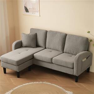 Kuczn Divano Angolare Modulare a Forma di L da 3 Posti con Penisola, Divano con Funzione Letto, Divano in Tela di Cotone Traspirante, Piedi in Plastica, Ideale per Soggiorno, Appartamento e Ufficio, Grigio