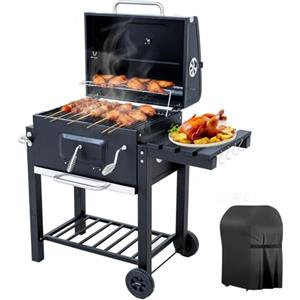 BELONID Barbecue a Carbonella, Barbecue con Coperchio, Superficie Cottura: 56×42,5 cm, Vassoio Carbone Regolabile in Altezza, Tavolino Laterale Pieghevole, Con Copertura Barbecue da Esterno