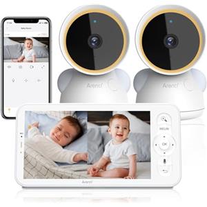 ARENTI 2K Baby Monitor 2 Telecamere,355° PTZ Telecamera Bambini con Monitor 5'', Rilevamento di Temperatura/Umidità e Suoni/Movimenti, Promemoria di Allattamento, Ninne Nanne, Schermo Diviso