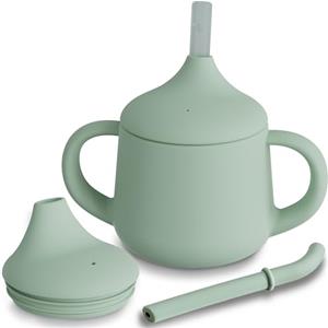 Moonkie Bicchiere 3-Step Antigoccia con Cannuccia e Manici in Silicone, Senza BPA, Lavabile in Lavastoviglie - Tazza Neonato 120 ml (Verde Grigio)