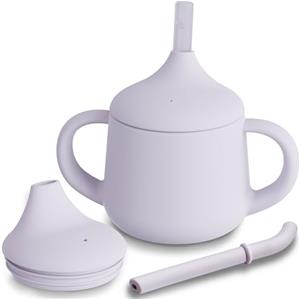 Moonkie Bicchiere 3-Step Antigoccia con Cannuccia e Manici in Silicone, Senza BPA, Lavabile in Lavastoviglie - Tazza Neonato 120 ml (Viola Pallido)