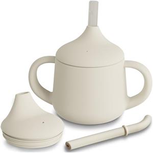 Moonkie Bicchiere 3-Step Antigoccia con Cannuccia e Manici in Silicone, Senza BPA, Lavabile in Lavastoviglie - Tazza Neonato 120 ml(Avorio)