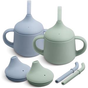 Moonkie Bicchiere 3-Step Antigoccia con Cannuccia e Manici in Silicone, Senza BPA, Lavabile in Lavastoviglie - Tazza Neonato 120 ml (Azzurro/Verde grigio)