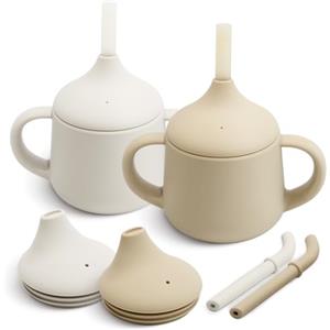 Moonkie Bicchiere 3-Step Antigoccia con Cannuccia e Manici in Silicone, Senza BPA, Lavabile in Lavastoviglie - Tazza Neonato 120 ml (Avorio/Caffè chiaro)