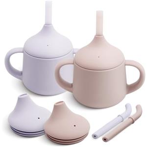 Moonkie Bicchiere 3-Step Antigoccia con Cannuccia e Manici in Silicone, Senza BPA, Lavabile in Lavastoviglie - Tazza Neonato 120 ml (Blush/Viola pallido)