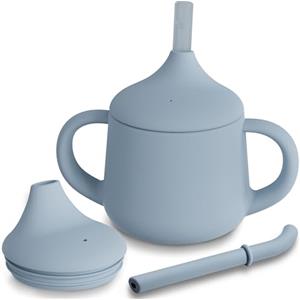 Moonkie Bicchiere 3-Step Antigoccia con Cannuccia e Manici in Silicone, Senza BPA, Lavabile in Lavastoviglie - Tazza Neonato 120 ml (Azzurro)