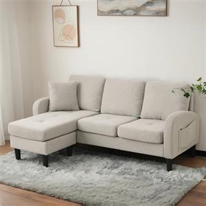 Kuczn Divano angolare modulare 3 posti a forma di L con chaise longue, divano con funzione letto, divano in tessuto di lino di cotone traspirante, gambe in plastica, ideale per soggiorno, appartamenti