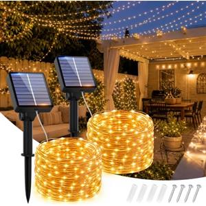 Hoteril Luci Solari da Esterno【2 Pacchi】 15+2M 150 LED Luci da Esterno Giardino IP65 Impermeabili, 8 Modalità, Luci Solari da Giardino Decorative Per Albero Patio Terrazze Balcone