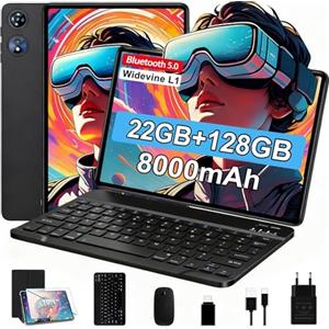 UJJ Tablet Android Octa-Core 2026 da 10 pollici, 22 GB di RAM+128 GB di ROM, espandibile fino a 2 TB, BT 5.0, 8000 mAh, 8+5 MP, 1280 x 800 FHD IPS, GPS, Widevine L1, 5G+2.4G WiFi 6, tablet con tastiera e