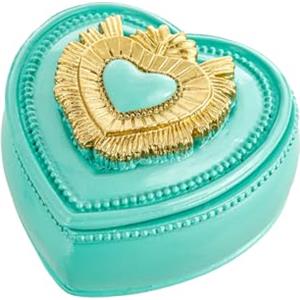 Baroni Home Cofanetto Cuore Sacro Ex-Voto in Resina Dipinta a Mano Turchese e Oro, Arte Sacra Tradizionale,Portagioie o Portaoggetti Decorativo, Idea Regalo, 9x9x5,5 cm