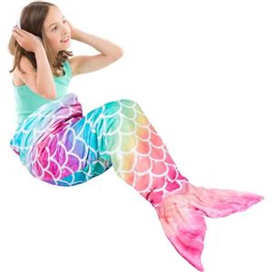 WERNNSAI Coperta a Coda di Sirena - Indossabile- con Sirena in Peluche per Ragazze Bambini Adolescenti Coperta per Coccole in Morbido Pile di Flanella per Tutte le Stagioni 140cm x 60cm (Arcobaleno)