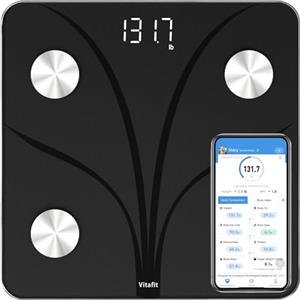 Vitafit Bilancia Pesapersone Impedenziometrica, Pesatura Professionale in Fabbrica dal 2001, App Sync 13 Composizione Corporea Incluso BMI, Grasso Corporeo e Cuscoli, 182kg Nero