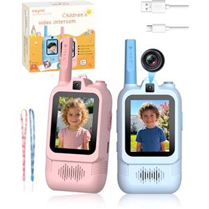 eSynic 2PZ Walkie Talkie Video per Bambini con Doppia Fotocamera, Comunicazione Visiva, Portata Fino a 500m, Batteria Ricaricabile, Regalo Perfetto per Compleanni e Festività - Rosa + Blu