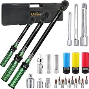 Uharbour Set di Chiavi Dinamometriche 1/4", 3/8", 1/2", 26 Chiavi Dinamometriche 3-25 Nm, 5-60 Nm, 60-330 Nm per Auto, Moto, Bicicletta, Precisione ±3%, con Chiave Magnetica per Candela di Accensione