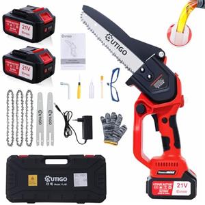 OUTIGO Motosega senza fili, motosega elettrica alimentata a batteria, on 2 batterie da 4000 mAh, 4 catene e 3 barre di guida, motosega portatile manuale, adatta al taglio del legno