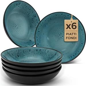 Twinzee Servizio Piatti Moderni 6 Piatti Fondi in Gres 6 per 6 Persone - Compatibile con Microonde - Riviera Collection